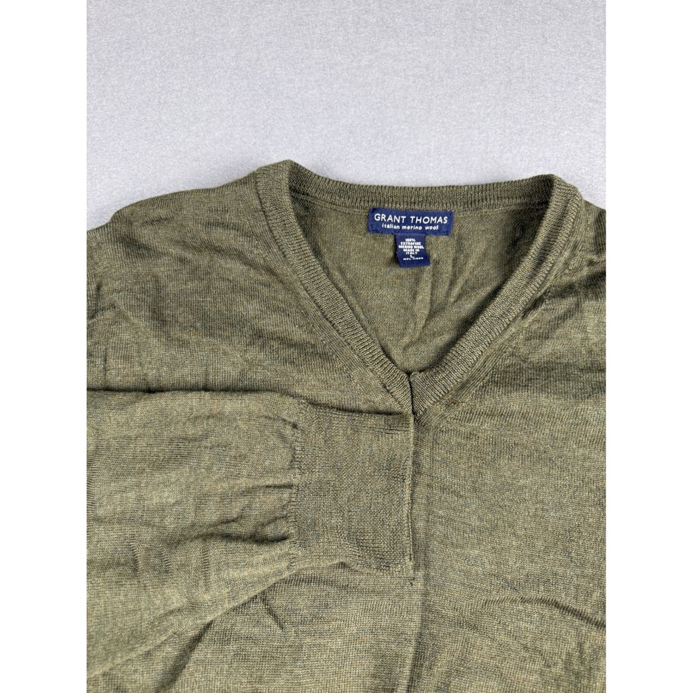 Grant Thomas Mens Olive Green 100% Extrafine Merino Wool V-Neck Sweater Large